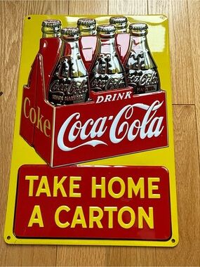 Coca-Cola Red and Yellow Six-Pack Metal Sign